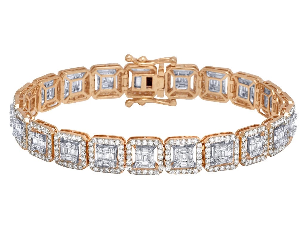 REAL 10K ROSE/ WHITE GOLD GENUINE DIAMOND HALO BAGUETTE BRACELE: Real 10K Rose/ White Gold Genuine Diamond Halo Baguette Bracele Brand: None Type: Bracelet Material: 10k Rose Gold Main Stone/Creation Natural Color: Rose Gold Size: Dimension 10MM, 8" Accessorie