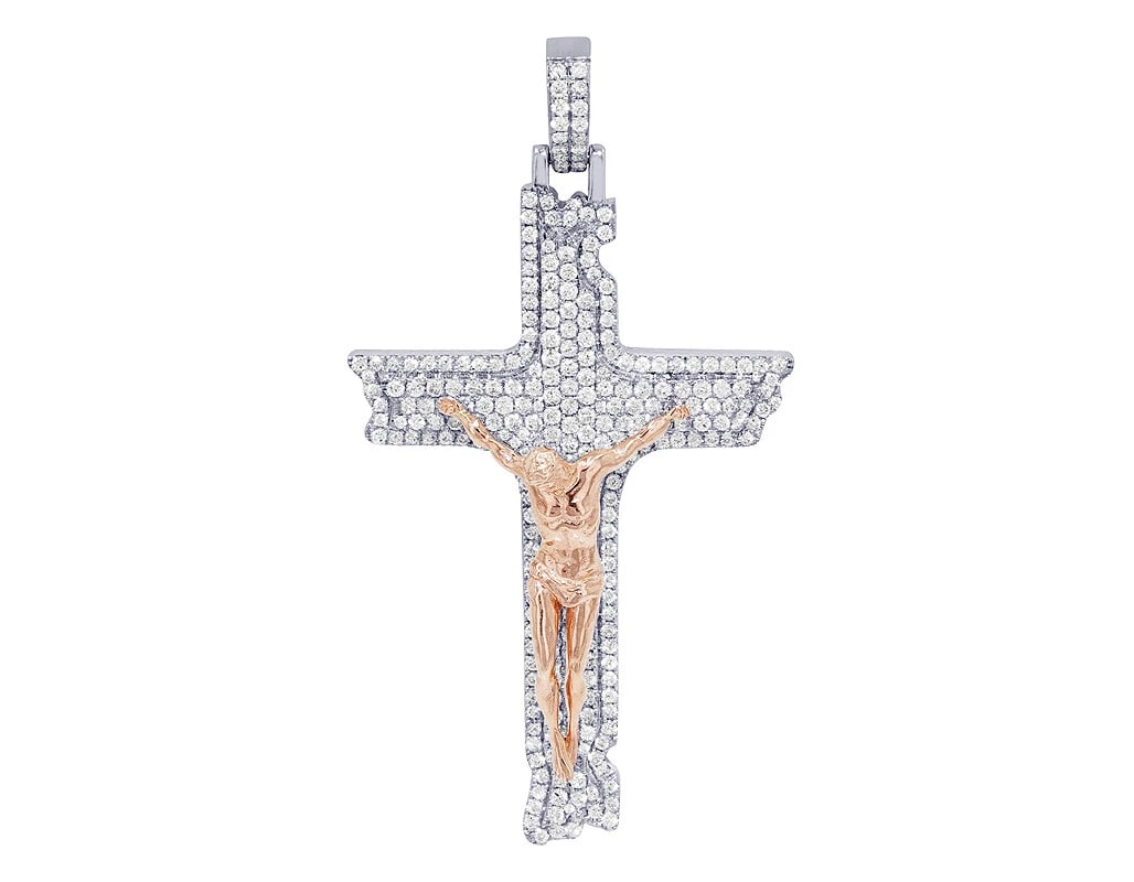JESUS CROSS 3 REAL DIAMOND PENDANT 10K ROSE/WHITE GOLD (1 of 3)