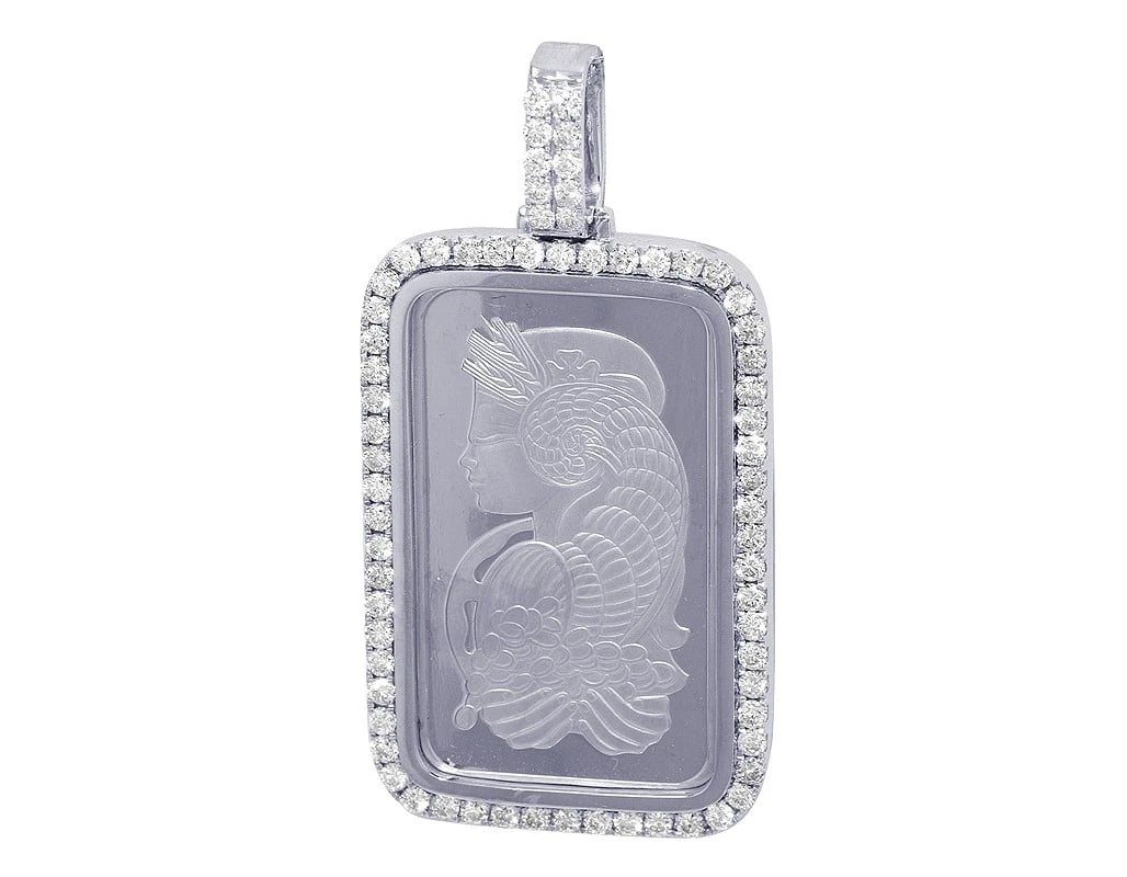 PLATINUM FORTUNA BAR FRAME 3CT REAL DIAMOND PENDANT: Platinum Fortuna Bar Frame 3Ct Real Diamond Pendant Brand: None Type: Necklace Material: 14k Platinum Main Stone/Creation Natural Color: Yellow Gold Size: Dimension 2.4 Accessories: None A