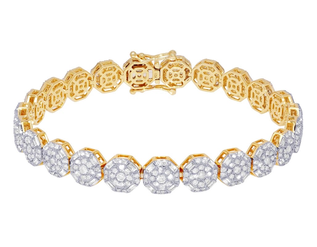 OCTAGON SHAPED DIAMOND BRACELET 10K YELLOW-WHITE GOLD: Octagon Shaped Diamond Bracelet 10K Yellow-White Gold Brand: None Type: Bracelet Material: 10k Yellow Gold Color: Yellow Gold Size: Dimension 8MM 8" Accessories: None Accessories Notice: When