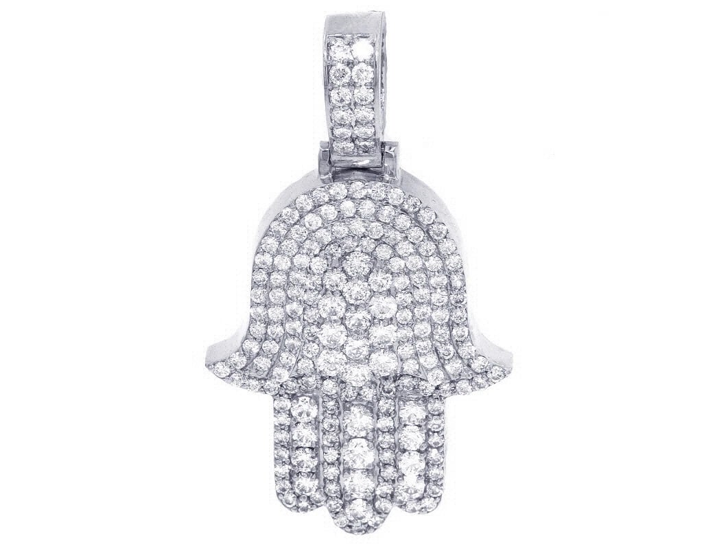 LADIES REAL HAMSA 9CT DIAMOND PENDANT14K WHITE GOLD: Ladies Real Hamsa 9CT Diamond Pendant14K White Gold Brand: None Type: Necklace Material: 14k White Gold Main Stone/Creation Natural Color: White Gold Size: Dimension L 2" W 23mm H 7mm 