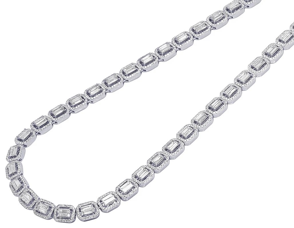 RECTANGLE HALO BAGUETTE REAL DIAMOND NECKLACE: Rectangle Halo Baguette Real Diamond Necklace Brand: None Type: Necklace Material: 14k White Gold Main Stone/Creation Natural Color: White Gold Size: Length 22" Width 6mm Accessories: None