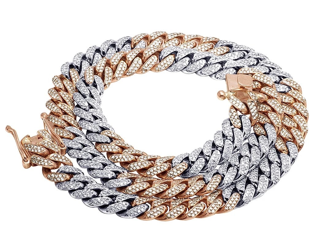 DIAMOND MIAMI CUBAN CHAIN NECKLACE SOLID: Diamond Miami Cuban Chain Necklace Solid Brand: None Type: Necklace Material: 10k Rose Gold Main Stone/Creation Natural Color: Rose Gold Size: Length 26" Width 13mm Accessories: None Acces