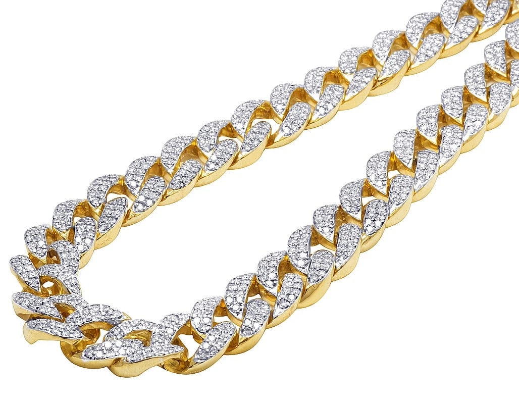 10K YELLOW GOLD MIAMI DIAMOND NECKLACE CHAIN: 10K Yellow Gold Miami Diamond Necklace Chain Brand: None Type: Necklace Material: 10k Yellow Gold Main Stone/Creation Natural Color: Yellow Gold Size: Length 23 in Width 16mm Accessories: