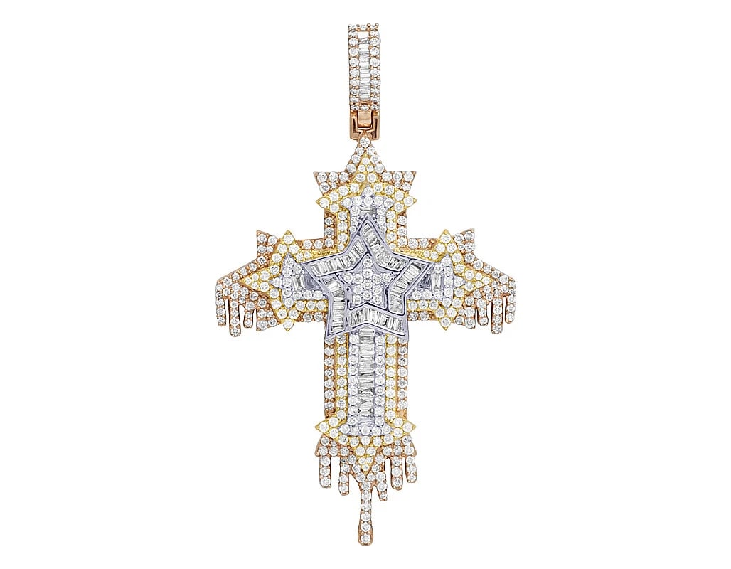 TRI-COLOR REAL DIAMOND BAGUETTE STAR DRIPPING CROSS PENDANT: Tri-Color Real Diamond Baguette Star Dripping Cross Pendant Brand: None Type: Necklace Material: 10k Multi-Tone Gold Main Stone/Creation Natural Color: Multi-Tone Size: Dimension 2.9" 