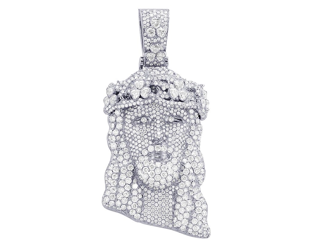 JESUS FLOWER CROWN DIAMOND PENDANT 10K WHITE GOLD: Jesus Flower Crown Diamond Pendant 10K White Gold Brand: None Type: Pendant Material: 10k White Gold Main Stone/Creation Natural Color: White Gold Size: Dimension L 2.6", W 1.3" Accessories: