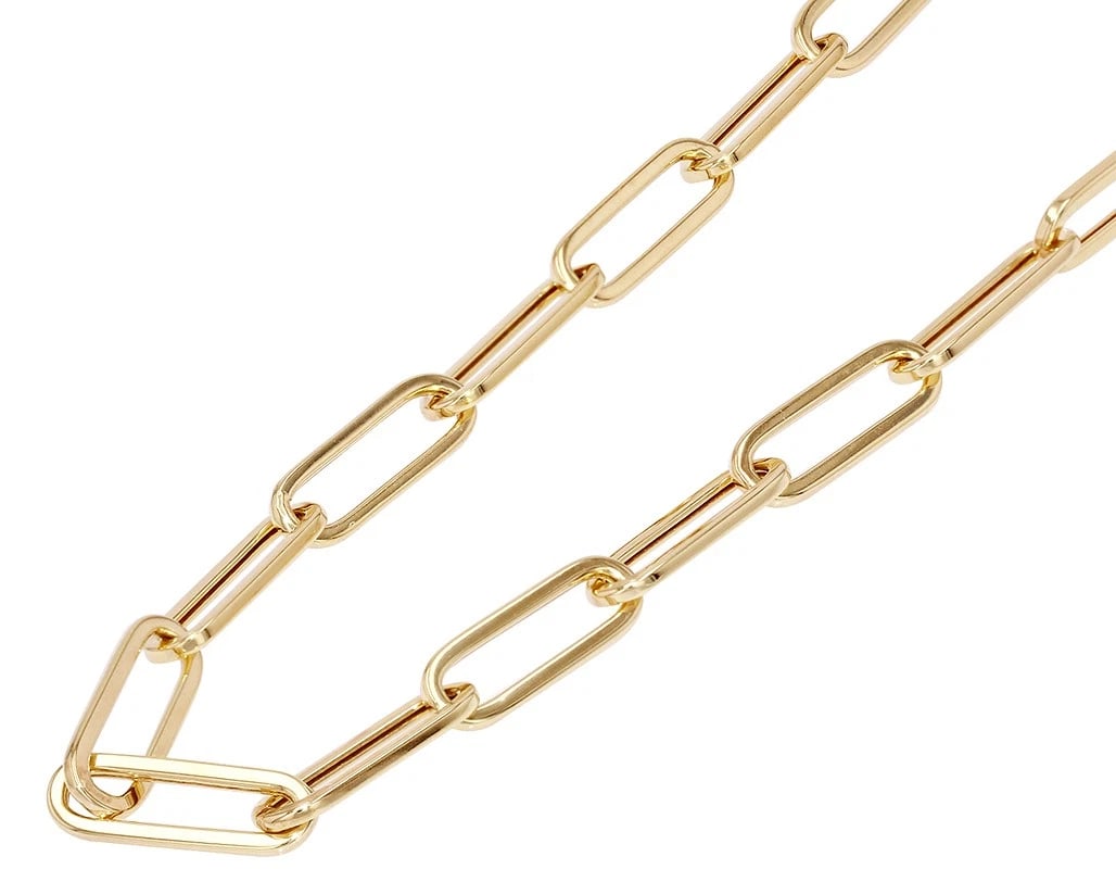 LARGE PAPER CLIP CHAIN NECKLACE REAL 14K YELLOW GOLD: Large Paper Clip Chain Necklace Real 14K Yellow Gold Brand: None Type: Necklace Material: 14k Yellow Gold Color: Yellow Gold Size: Length 22 inches Width 6mm Accessories: None Accessories