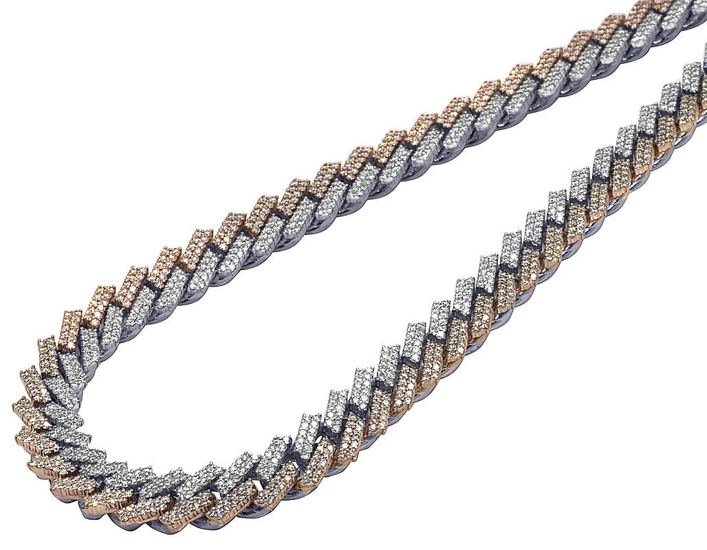 ROSE/ WHITE GOLD PRONG MIAMI CUBAN DIAMOND NECKLACE CHAIN: Rose/ White Gold Prong Miami Cuban Diamond Necklace Chain Brand: None Type: Necklace Material: 10k Multi-Tone Gold Main Stone/Creation Natural Color: Multi-Tone Size: Length 22.5 in Width 13mm