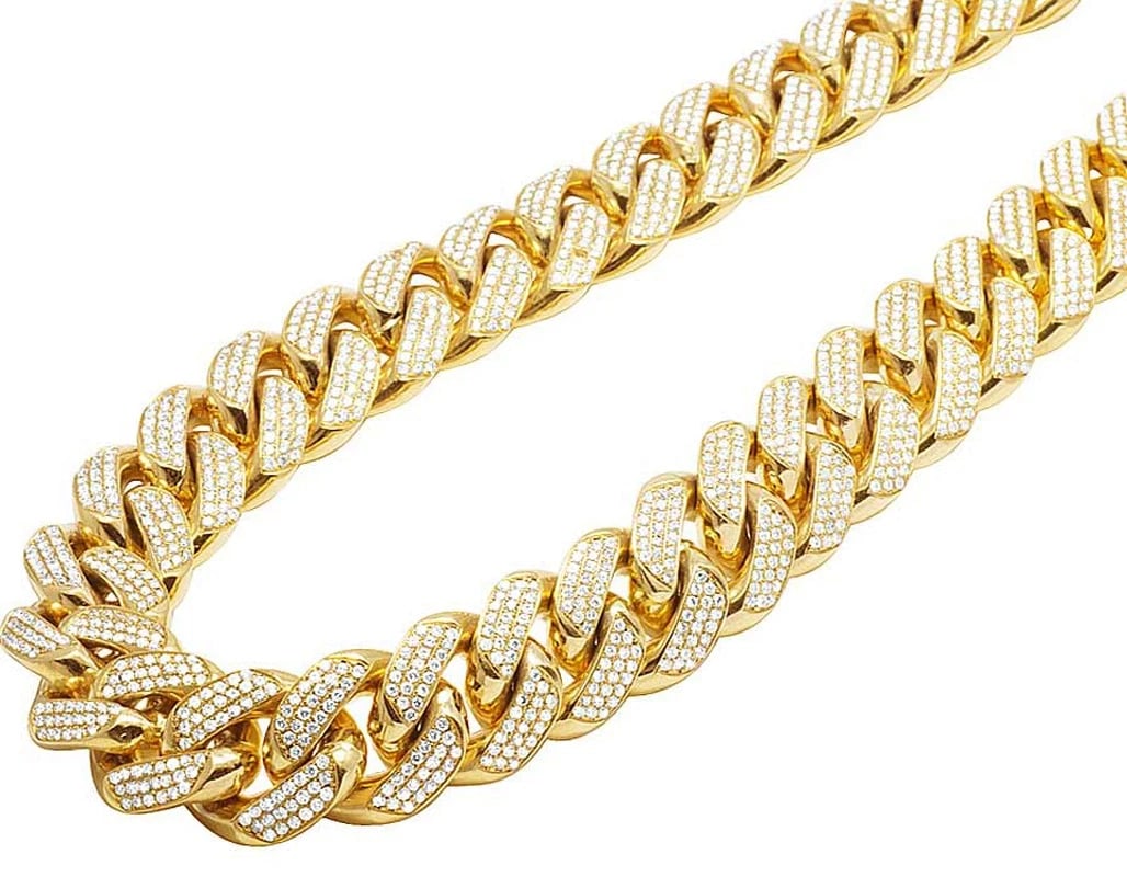 SOLID 10K YELLOW GOLD HEAVY DIAMOND CHAIN NECKLACE: Solid 10K Yellow Gold Heavy Diamond Chain Necklace Brand: None Type: Necklace Material: 10k Yellow Gold Main Stone/Creation Natural Color: Yellow Gold Size: Length 32 in Width 22.5mm 