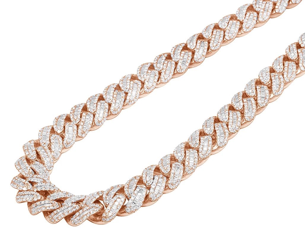 ROSE GOLD BAGUETTE REAL DIAMOND MIAMI CUBAN CHAIN: Rose Gold Baguette Real Diamond Miami Cuban Chain Brand: None Type: Necklace Material: 10k Rose Gold Main Stone/Creation Natural Color: Rose Gold Size: Length 21" Width 16MM Accessories: None