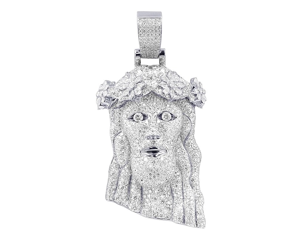 PEAR-MARQUISE FLORAL CROWN REAL DIAMOND JESUS HEAD PENDANT: Pear-Marquise Floral Crown Real Diamond Jesus Head Pendant Brand: None Type: Pendant Material: 10k White Gold Main Stone/Creation Natural Color: White Gold Size: Dimension L 3" , W 37.7mm 