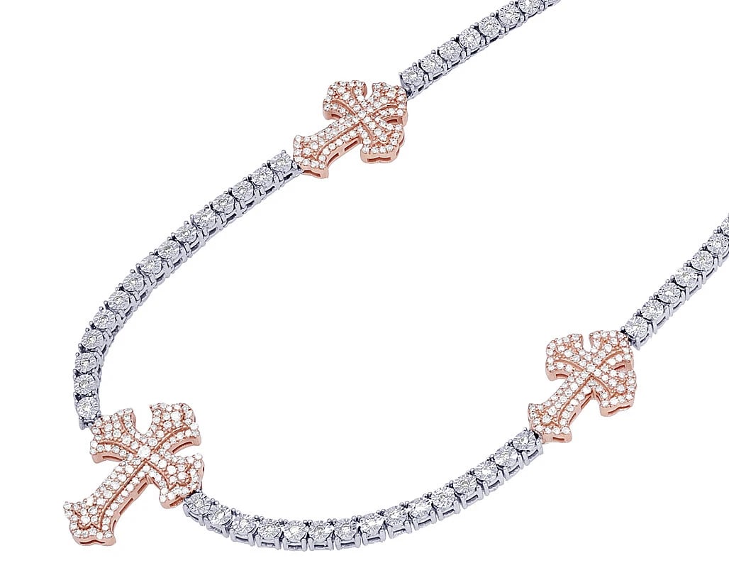 THREE CROSSES REAL DIAMOND SET TENNIS CHAIN NECKLACE: Three Crosses Real Diamond Set Tennis Chain Necklace Brand: None Type: Necklace Material: 10k Rose-White Gold Main Stone/Creation Natural Color: Multi-Tone Size: Length 21" Width Cross 20 mm ,