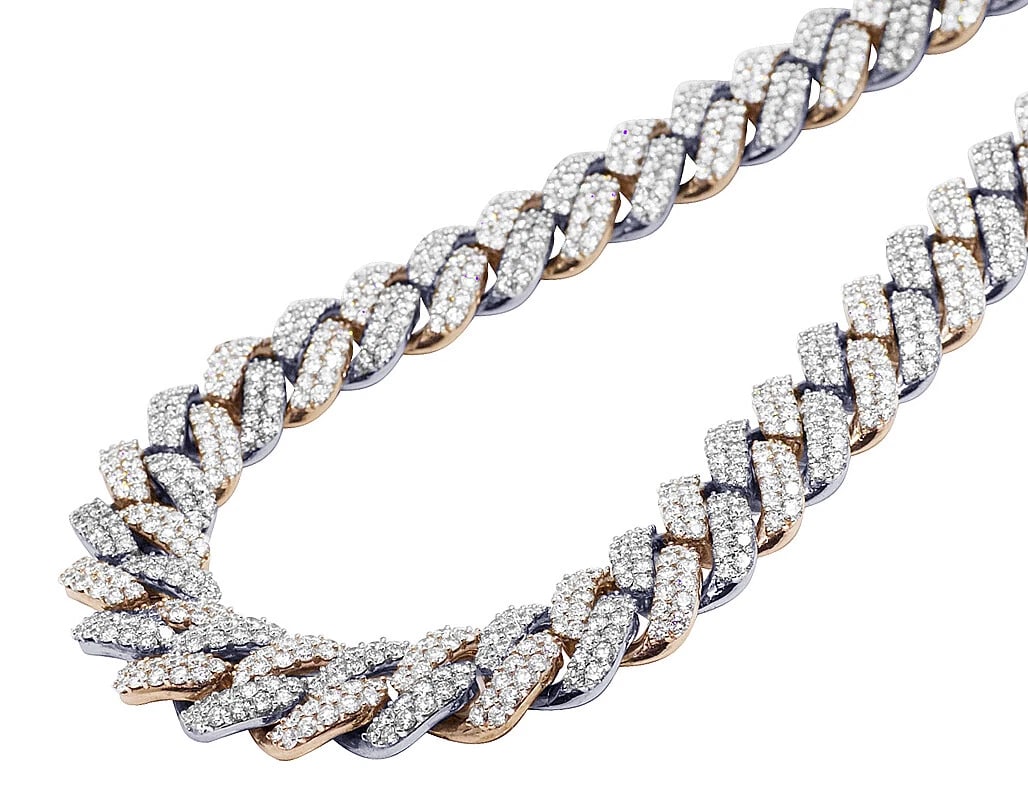 10K ROSE WHITE GOLD PRONG-SET HONEYCOMB REAL DIAMOND CUBAN CHAIN: 10k Rose White Gold Prong-Set Honeycomb Real Diamond Cuban Chain Brand: None Type: Necklace Material: 10k Rose Gold Main Stone/Creation Natural Color: Rose Gold Size: Length 18" Width 20MM Access