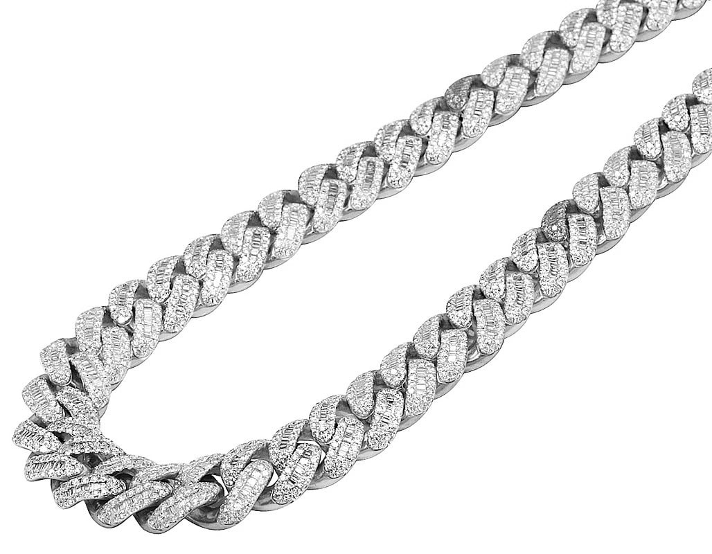 BAGUETTE DIAMOND MIAMI CUBAN CHAIN 10K WHITE GOLD: Baguette Diamond Miami Cuban Chain 10K White Gold Brand: None Type: Necklace Material: 10k White Gold Main Stone/Creation Natural Color: White Gold Size: Length 18 in Width 12MM Accessories: None