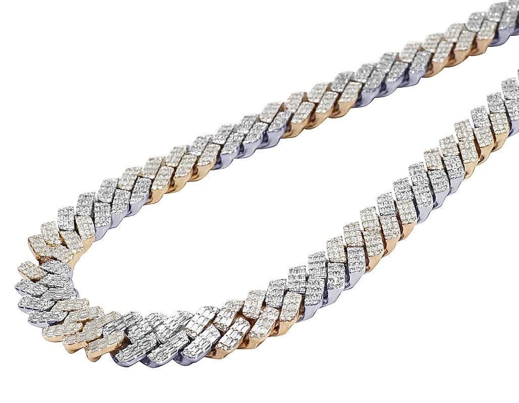 10K TWO TONE GOLD EMERALD CUT REAL DIAMOND CUBAN NECKLACE: 10K Two Tone Gold Emerald Cut Real Diamond Cuban Necklace Brand: None Type: Necklace Material: 10k Multi-Tone Gold Main Stone/Creation Natural Color: Multi-Tone Size: Length 22" Width 17mm Access