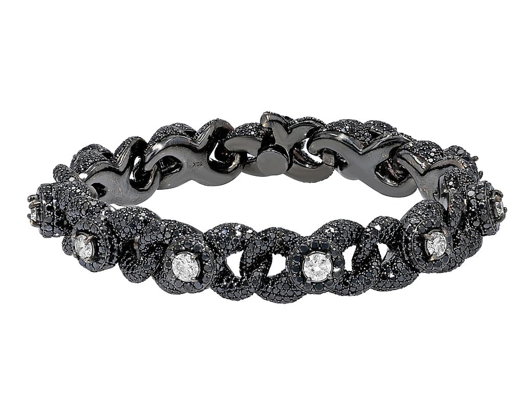 SOLITAIRES 33 POINTER BLACK REAL DIAMONDS BRACELET: Solitaires 33 Pointer Black Real Diamonds Bracelet Brand: None Type: Bracelet Material: 10k White Gold Main Stone/Creation Natural Color: Black Rhodium Size: Dimension L 8" x W 12mm Accessories: