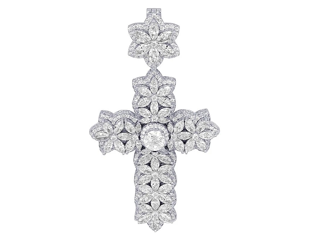 CENTER SOLITAIRE MARQUISE CUT FLOWER CROSS REAL DIAMOND PENDANT: Center Solitaire Marquise Cut Flower Cross Real Diamond Pendant Brand: None Type: Pendant Material: 10k,White Gold Main Stone/Creation Natural Color: White Gold Size: Dimension L 2.7" , W 1.5" Ac