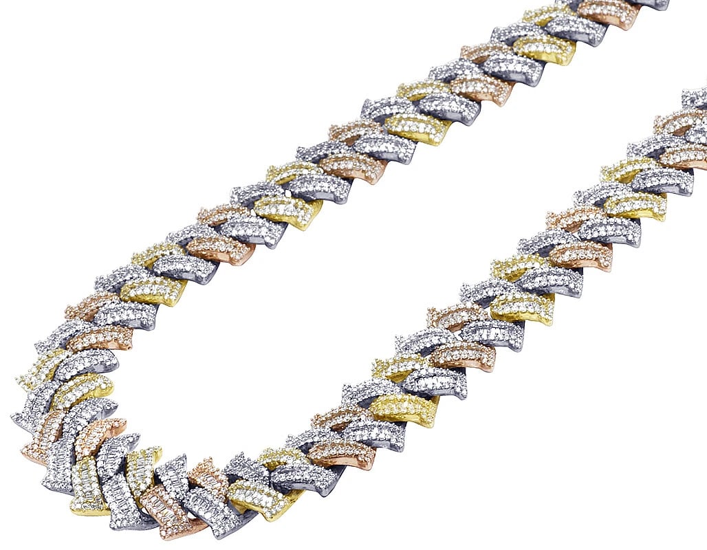 BAGUETTE REAL DIAMOND PRONGED SPIKED MIAMI CUBAN NECKLACE: Baguette Real Diamond Pronged Spiked Miami Cuban Necklace Brand: None Type: Necklace Material: 10k Multi-Tone Gold Main Stone/Creation Natural Color: Multi-Tone Size: Length18" Width 16MM Accesso