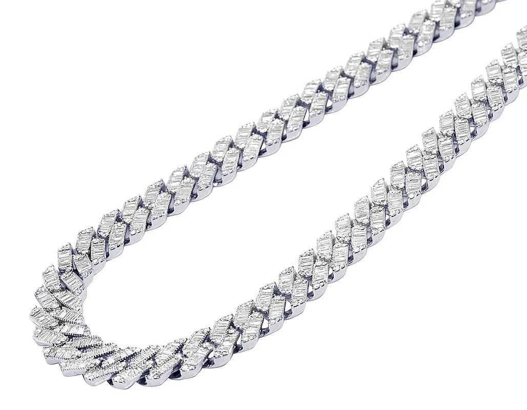 WHITE GOLD INVISIBLE SET BAGUETTE REAL DIAMOND CUBAN CHAIN: White Gold Invisible Set Baguette Real Diamond Cuban Chain Brand: None Type: Necklace Material: 10k,White Gold Main Stone/Creation Natural Color: White Gold Size: Length 18" and 21" Width 12MM Ac
