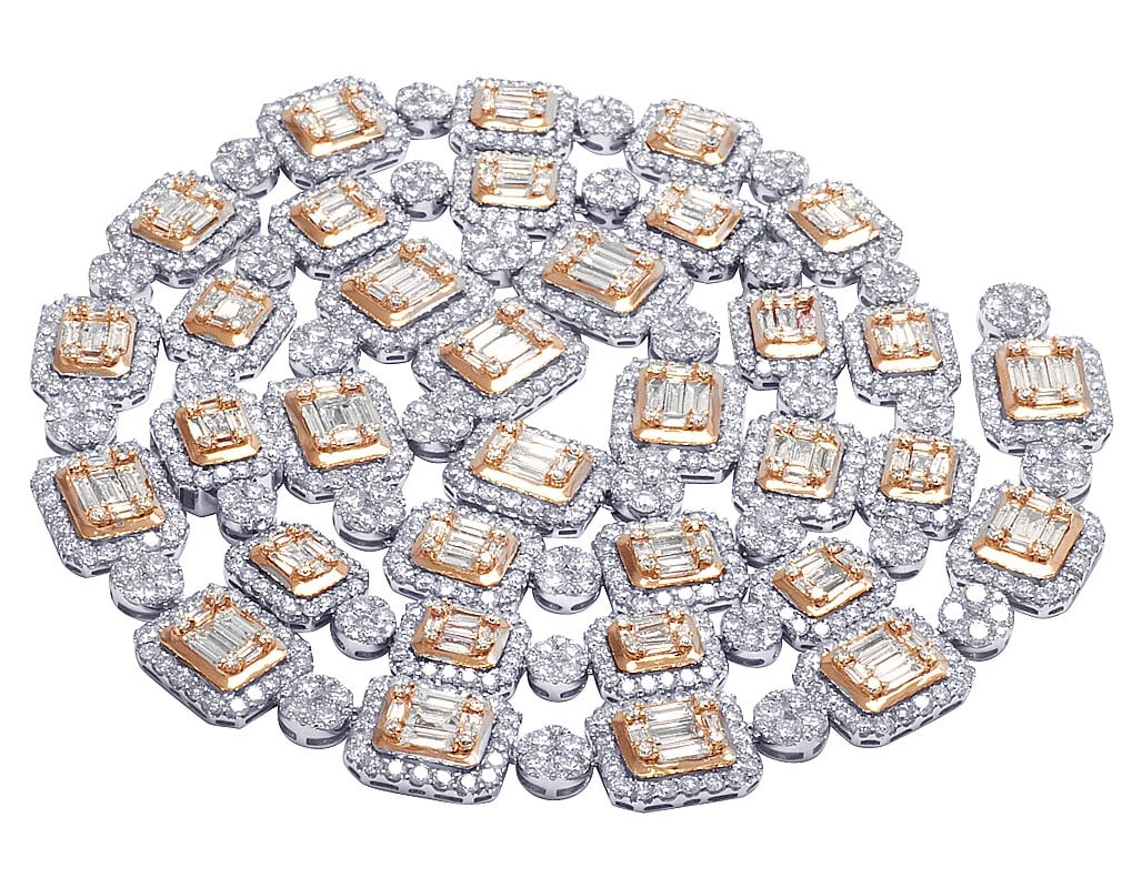 CLUSTER SQUARE BAGUETTE REAL DIAMOND CHAIN NECKLACE: Cluster Square Baguette Real Diamond Chain Necklace Brand: None Type: Necklace Material: 14k Multi-Tone Gold Main Stone/Creation Natural Color: Multi-Tone Size: Length 22 in Width 10mm Accessorie
