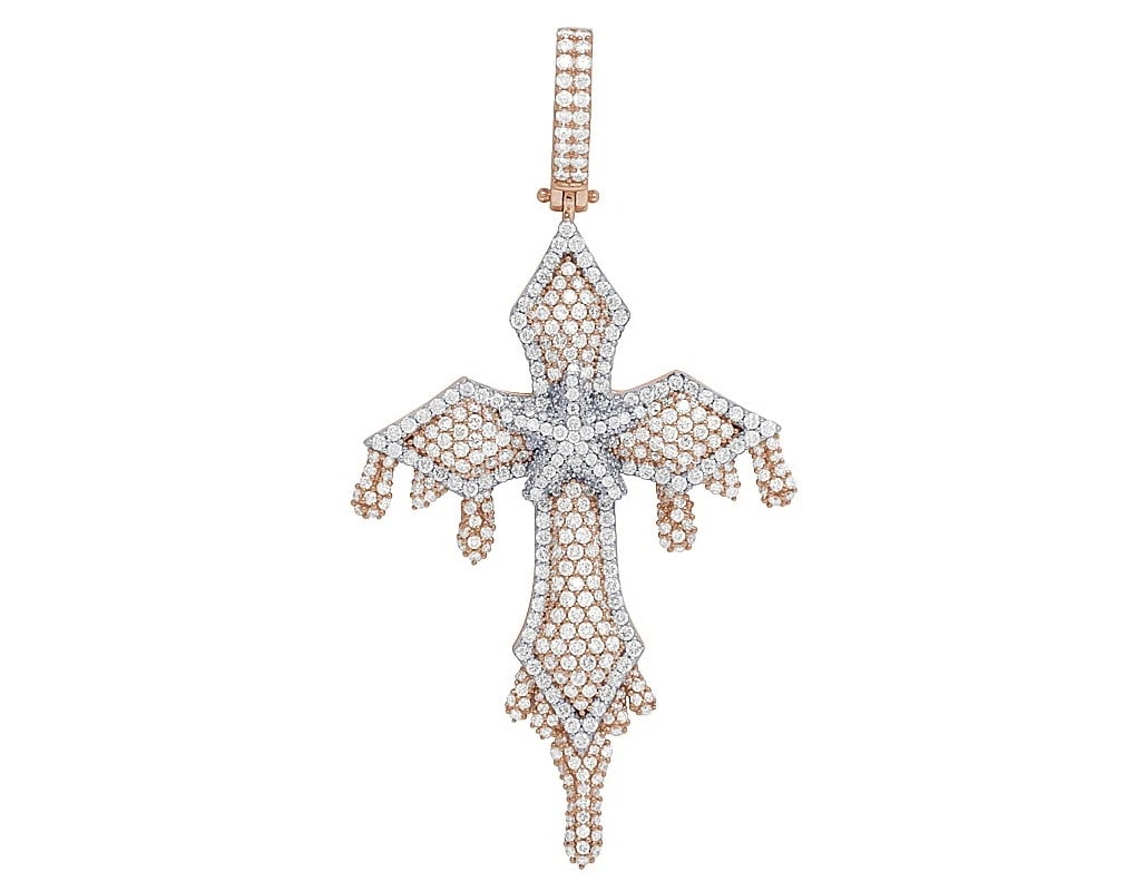 TWO-TONE REAL DIAMOND DRIPPING CROSS PENDANT: Two-Tone Real Diamond Dripping Cross Pendant Brand: None Type: Necklace Material: 10k Multi-Tone Gold Main Stone/Creation Natural Color: Multi-Tone Size: Dimension 3.25" Accessories: None