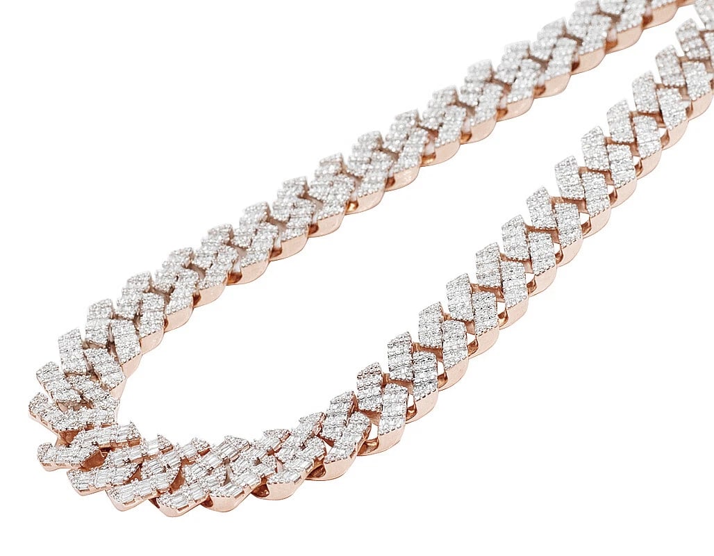 10K ROSE GOLD BAGUETTE REAL DIAMOND CUBAN CHAIN: 10K Rose Gold Baguette Real Diamond Cuban Chain Brand: None Type: Necklace Material: 10k Rose Gold Main Stone/Creation Natural Color: Rose Gold Size: Length 23" Width 18MM Accessories: None
