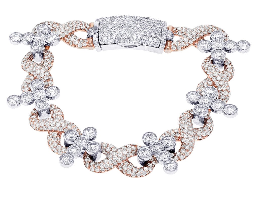 CROSS 17 POINTER SOLITAIRE REAL DIAMOND INFINITY BRACELET: Cross 17 Pointer Solitaire Real Diamond Infinity Bracelet Brand: None Type: Bracelet Material: 10k Rose-White Gold Main Stone/Creation Natural Color: Main Stone Color White Size: Dimension L 8" ,