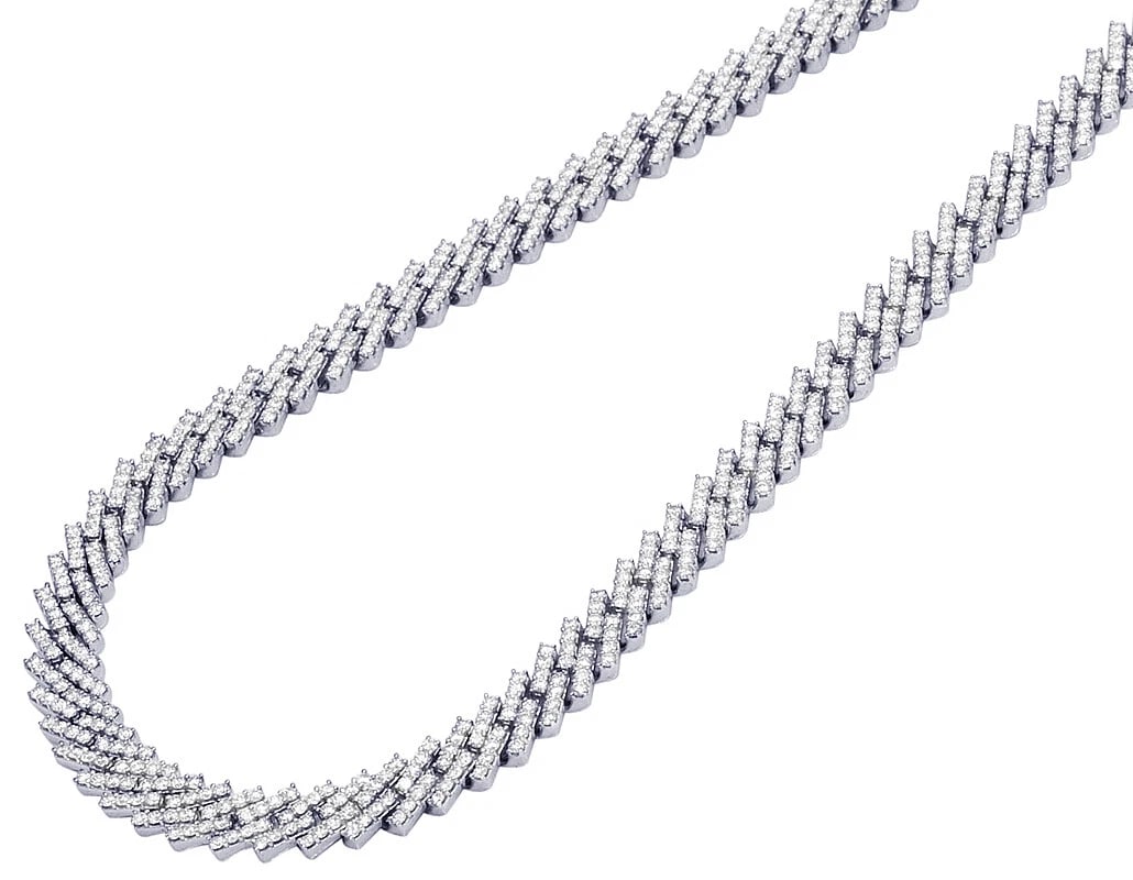 WHITE GOLD MIAMI CUBAN PRONG-SET ICED CLASP CHAIN NECKLACE: White Gold Miami Cuban prong-set Iced Clasp Chain Necklace Brand: None Type: Necklace Material: 10k White Gold Main Stone/Creation Natural Color: White Gold Size: Length 18-22" Width 8MM Accessor