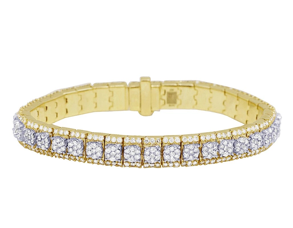 10K TWO TONE 3D CLUSTER PRONG SET REAL DIAMOND BRACELET: 10k Two Tone 3D Cluster Prong Set Real Diamond Bracelet Brand: Jewelry Hiphop Type: Bracelet Material: 10k,Yellow Gold Main Stone/Creation Natural Color: Yellow Gold Size: Dimension 8" 9mm Access