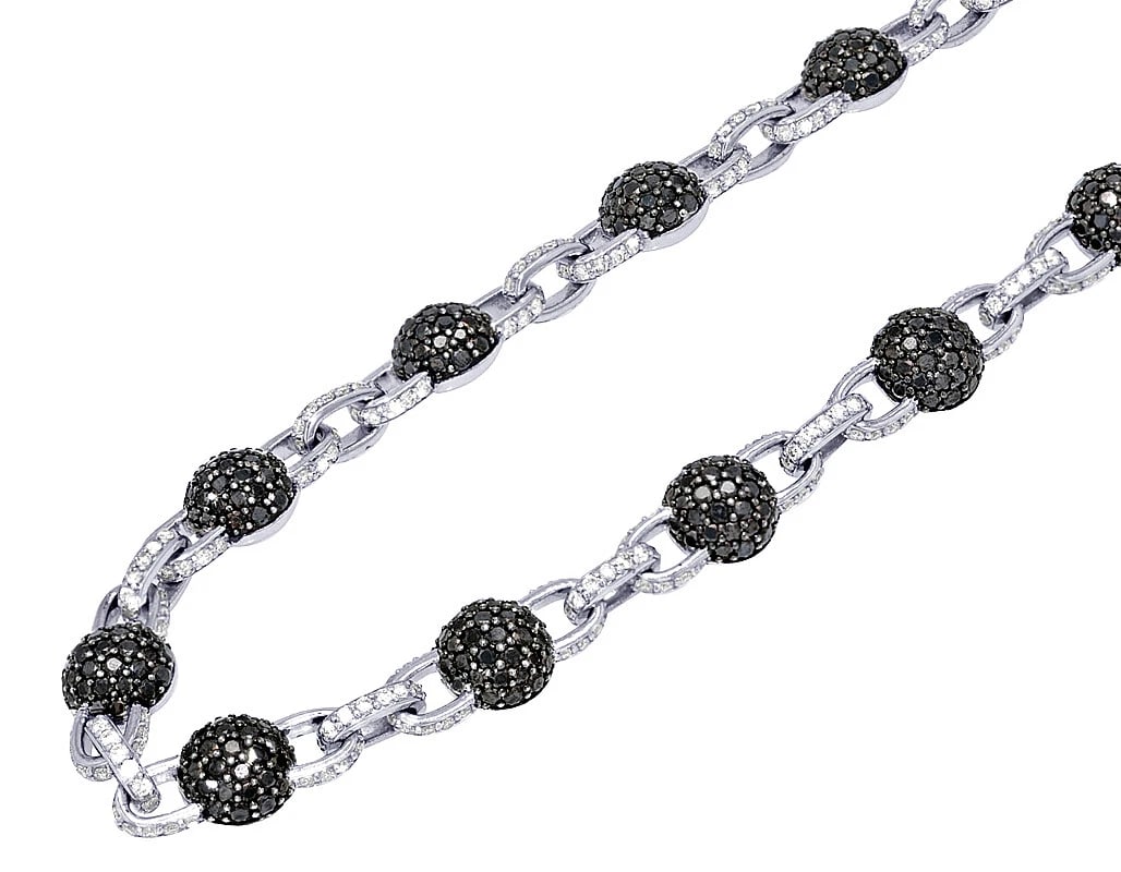 HERMES LINK WITH REAL AAA BLACK DIAMONDS BEADED CHAIN NECKLACE: Hermes Link with Real AAA Black Diamonds Beaded Chain Necklace Brand: None Type: Necklace Material: 10k White Gold Main Stone/Creation Natural Color: White Gold Size: Length 22"Width 8.0mm Access
