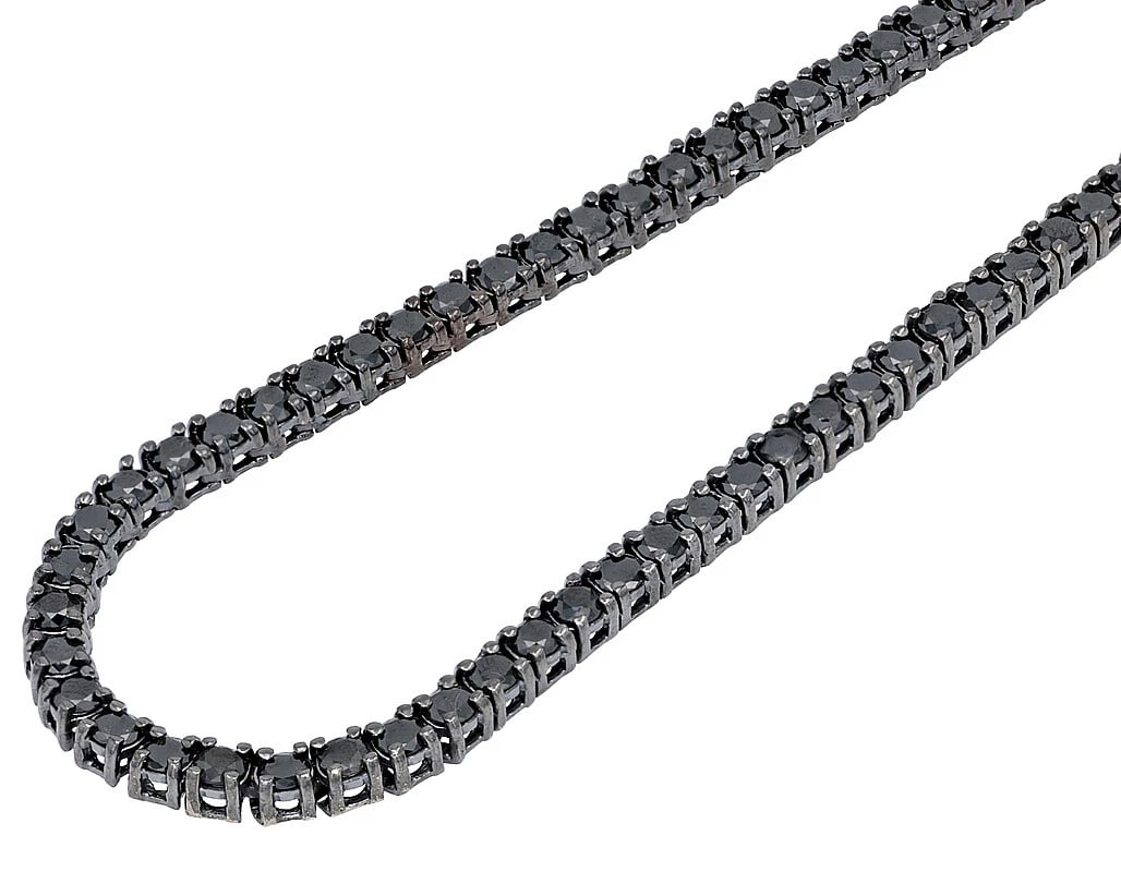 REAL SOLITAIRES 20 POINTER BLACK DIAMONDS TENNIS CHAIN NECKLACE: Real Solitaires 20 Pointer Black Diamonds Tennis Chain Necklace Brand: None Type: Necklace Material: 10k White Gold Main Stone/Creation Natural Color: Black Rhodium Size: Necklace Length 18" - 22"