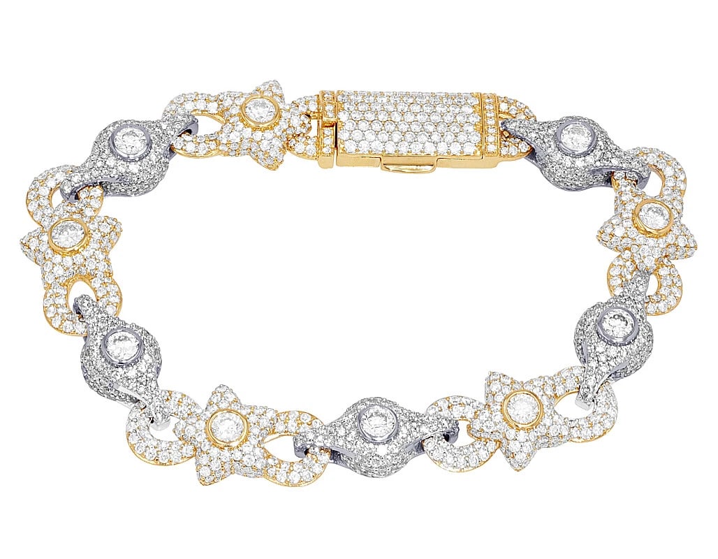 BEZEL SET 25 POINTER SOLITAIRES REAL DIAMOND STAR SHAPED BRACELET: Bezel Set 25 Pointer Solitaires Real Diamond Star Shaped Bracelet Brand: None Type: Bracelet Material: 14k Yellow-White Gold Main Stone/Creation Natural Color: Main Stone Color White Size: Dimensi