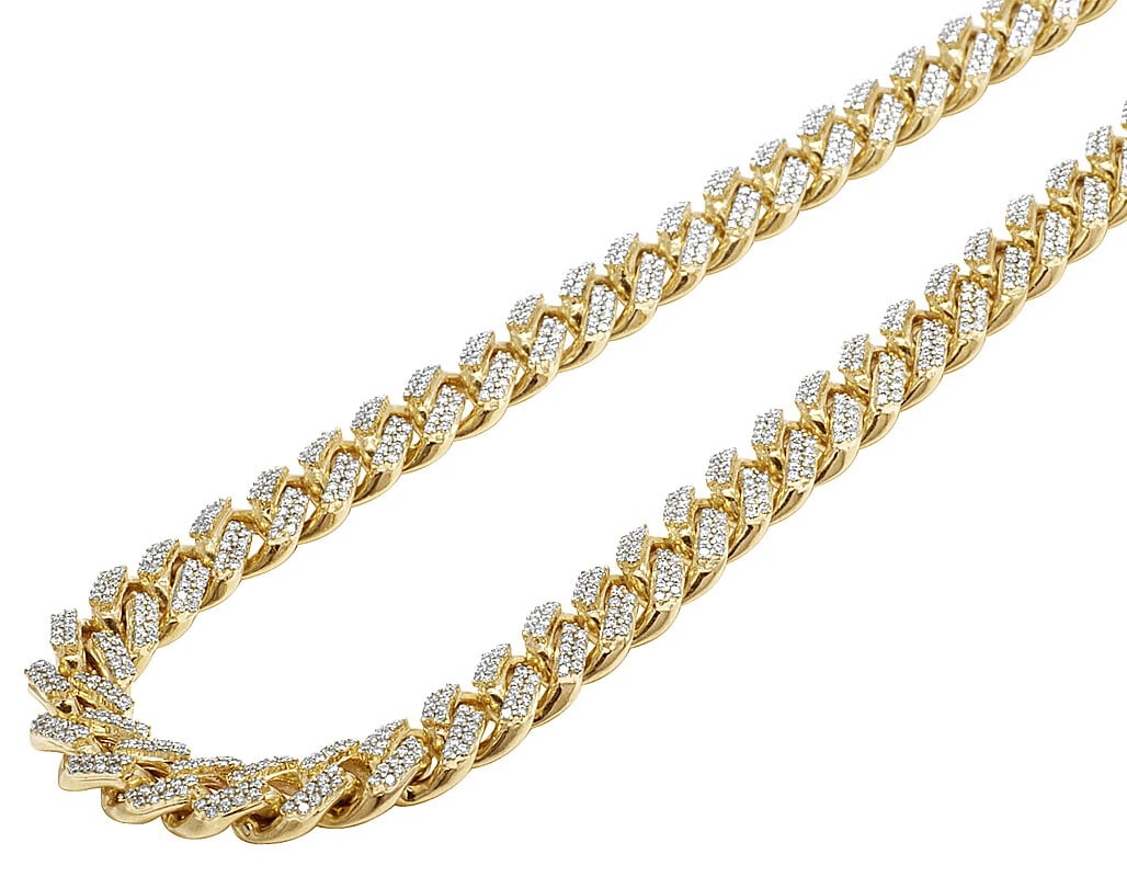 YELLOW GOLD PRONG SET REAL DIAMOND CUBAN CHAIN: Yellow Gold Prong Set Real Diamond Cuban Chain Brand: None Type: Necklace Material: 10k Yellow Gold Main Stone/Creation Natural Color: Yellow Gold Size: Length 22" Width 11mm Accessories: None