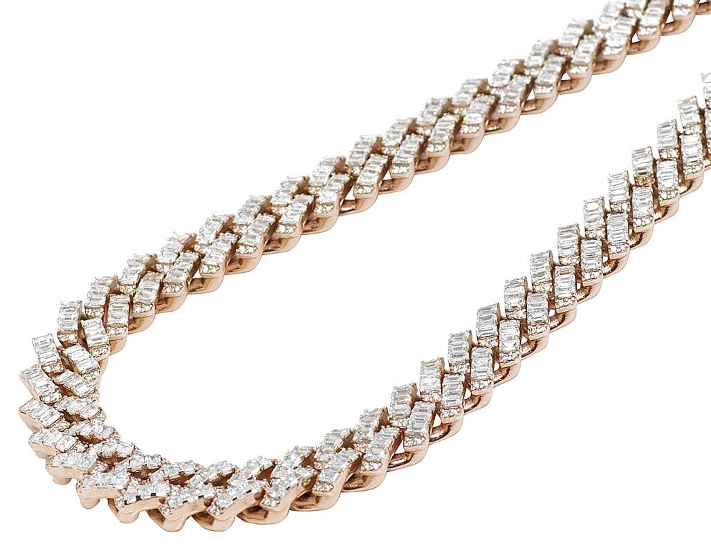 14K ROSE GOLD EMERALD CUT REAL DIAMOND CUBAN CHAIN NECKLACE (1 of 4)