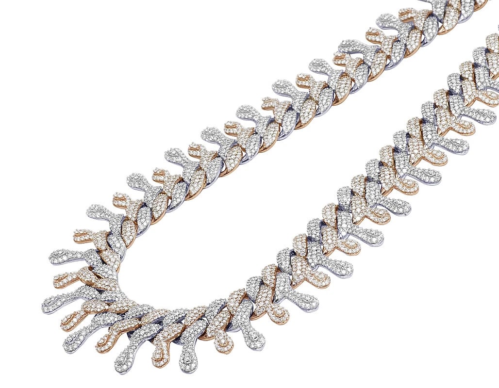 TWO TONE ROSE WHITE GOLD DRIPPING DIAMOND CUBAN CHAIN NECKLACE: Two Tone Rose White Gold Dripping Diamond Cuban Chain Necklace Brand: None Type: Necklace Material: 10k Rose Gold Main Stone/Creation Natural Color: Rose Gold Size: Length 18" Width 22mm Accessor