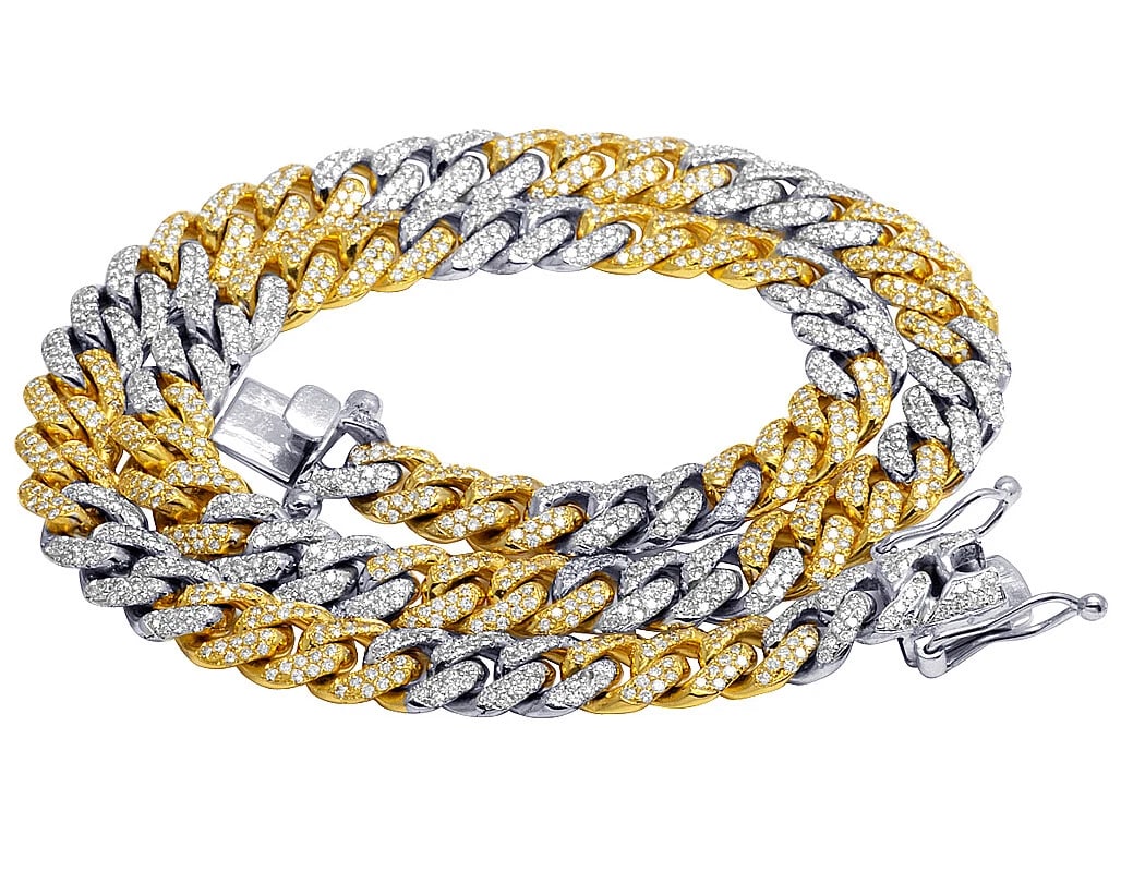 14K TWO TONE GOLD DIAMOND MIAMI CUBAN CHOKER NECKLACE CHAIN: 14K Two Tone Gold Diamond Miami Cuban Choker Necklace Chain Brand: None Type: Necklace Material: 14k,Multi-Tone Gold Main Stone/Creation Natural Color: Multi-Tone Size: Length 21" Width 11mm Acce