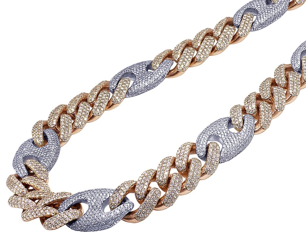 14K ROSE/ WHITEGOLD REAL DIAMOND CUBAN MARINER NECKLACE: 14K Rose/ WhiteGold Real Diamond Cuban Mariner Necklace Brand: None Type: Necklace Material: 14k,Multi-Tone Gold Main Stone/Creation Natural Color: Multi-Tone Size: Length 20" Width 20MM Accessor