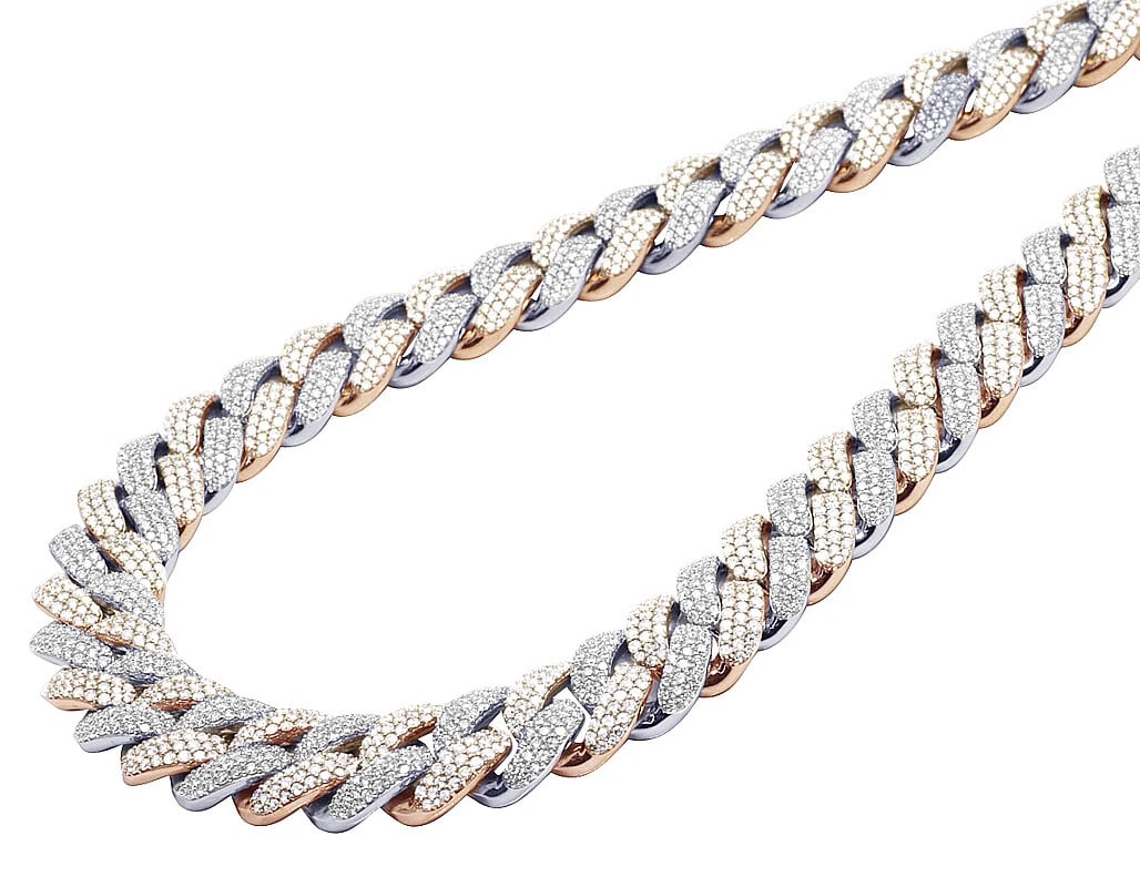 10K TWO-TONE WHITE/ROSE REAL DIAMOND MIAMI HONEYCOMB CUBAN: 10K Two-Tone White/Rose Real Diamond Miami Honeycomb Cuban Brand: None Type: Necklace Material: 10k,Multi-Tone Gold Main Stone/Creation Natural Color: Multi-Tone Size: Necklace Length 21"24" Width