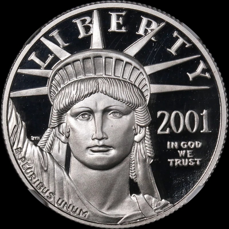2001-W PLATINUM AMERICAN EAGLE $50: 2001-W Platinum American Eagle $50 Year: 2001 Fineness: 0.9995 Composition: Platinum Denomination: $50 Country of Origin: United States Accessories: None Accessories Notice: When purchasing