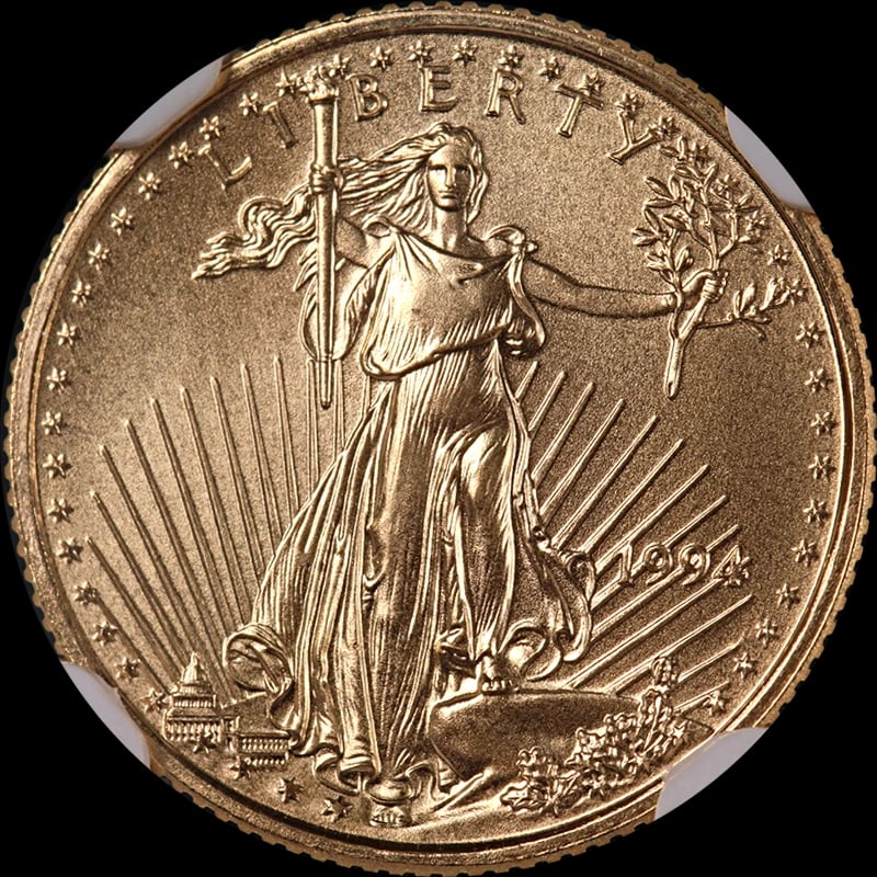 1994 GOLD AMERICAN EAGLE $5: 1994 Gold American Eagle $5 Year: 1994 Fineness: 0.9167 Composition: Gold Denomination: $5 Country of Origin: United States Accessories: None Accessories Notice: When purchasing pre-owned
