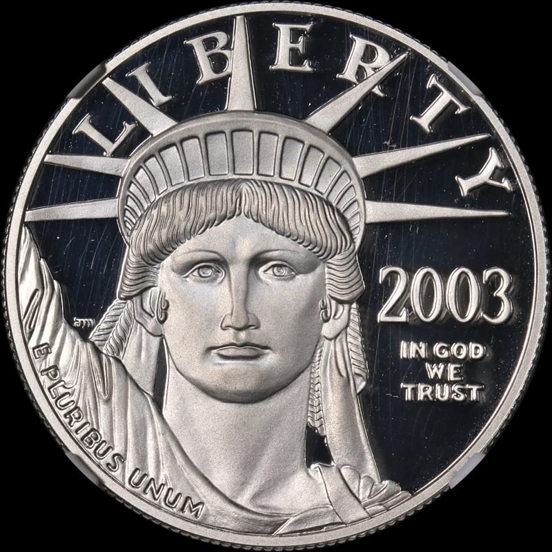 2003-W PLATINUM AMERICAN EAGLE: 2003-W Platinum American Eagle Year: 2003 Fineness: 0.9995 Composition: Platinum Denomination: $100 Country of Origin: United States Accessories: None Accessories Notice: When purchasing