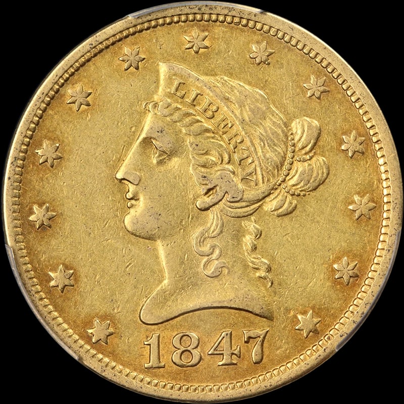 1847-O LIBERTY GOLD $10: 1847-O Liberty Gold $10 Year: 1847 Fineness: 0.9 Composition: Gold Denomination: $10 Country of Origin: United States Accessories: None Accessories Notice: When purchasing pre-owned goods,