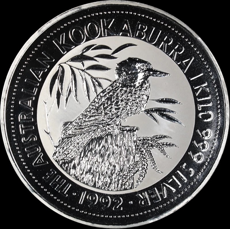 1992 AUSTRALIA 1 KILO SILVER $30 KOOKABURRA: 1992 Australia 1 Kilo Silver $30 Kookaburra Year: 1992 Fineness: 0.999 Composition: Silver Denomination: $30 Country of Origin: Australia Accessories: None Accessories Notice: When purchasing