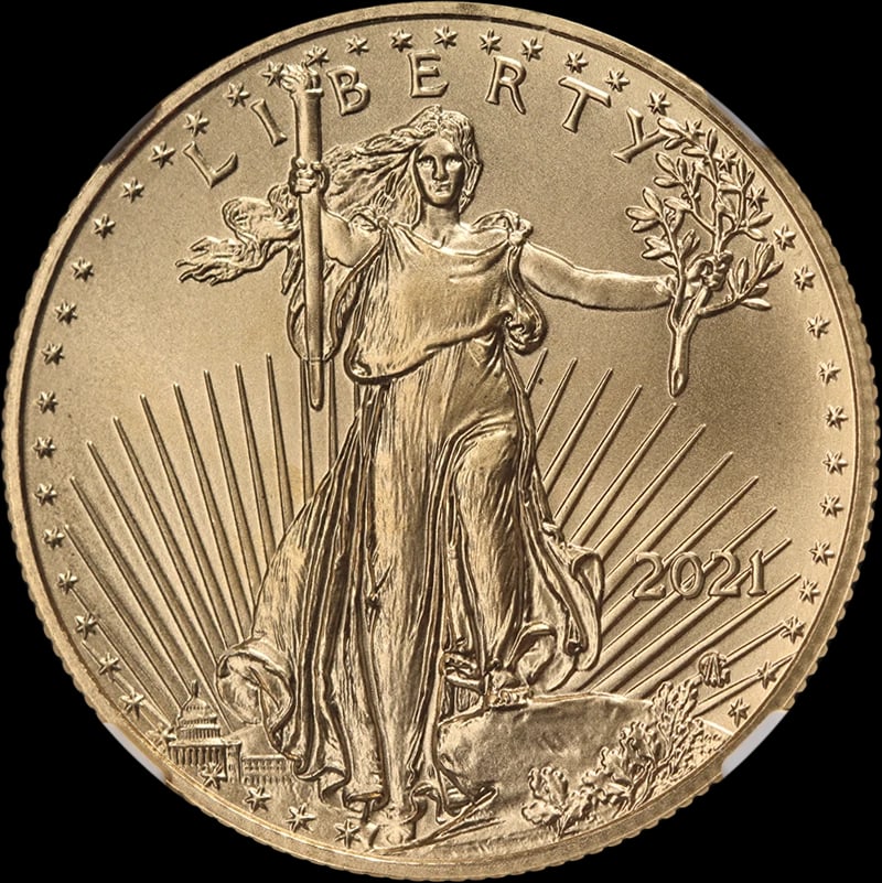 2021 GOLD AMERICAN EAGLE $25: 2021 Gold American Eagle $25 Year: 2021 Fineness: 0.9167 Composition: Gold Denomination: $25 Country of Origin: United States Accessories: None Accessories Notice: When purchasing pre-owned