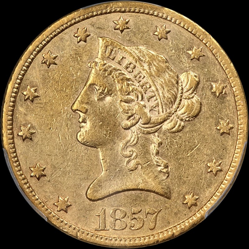 1857-S LIBERTY GOLD $10: 1857-S Liberty Gold $10 Year: 1857 Fineness: 0.9 Composition: Gold Denomination: $10 Country of Origin: United States Accessories: None Accessories Notice: When purchasing pre-owned goods,