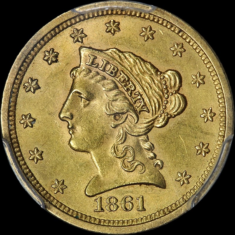 1861-P LIBERTY GOLD $2.50 NEW REVERSE: 1861-P Liberty Gold $2.50 New Reverse Year: 1861 Fineness: 0.9 Composition: Gold Denomination: $2.50 Country of Origin: United States Accessories: None Accessories Notice: When purchasing