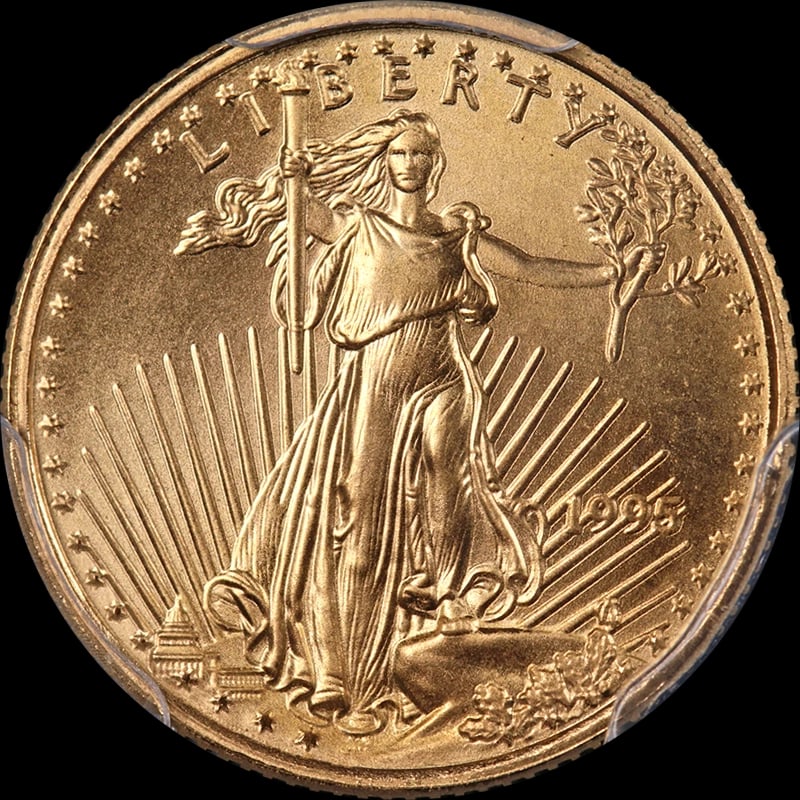 1995 GOLD AMERICAN EAGLE $5: 1995 Gold American Eagle $5 Year: 1995 Fineness: 0.9167 Composition: Gold Denomination: $5 Country of Origin: United States Accessories: None Accessories Notice: When purchasing pre-owned