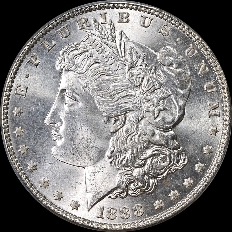 1888-P MORGAN SILVER DOLLAR: 1888-P Morgan Silver Dollar Year: 1888 Fineness: 0.9 Composition: Silver Denomination: None Country of Origin: United States Accessories: None Accessories Notice: When purchasing pre-owned