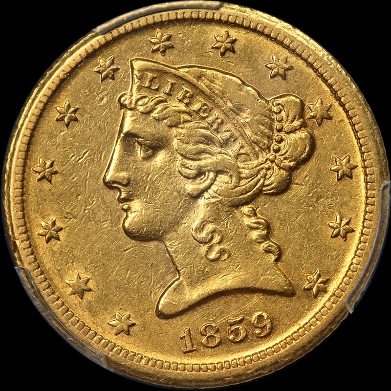 1859-D LIBERTY GOLD: 1859-D Liberty Gold Year: 1859 Fineness: None Composition: Gold Denomination: $5 Country of Origin: United States Accessories: None Accessories Notice: When purchasing pre-owned goods, please