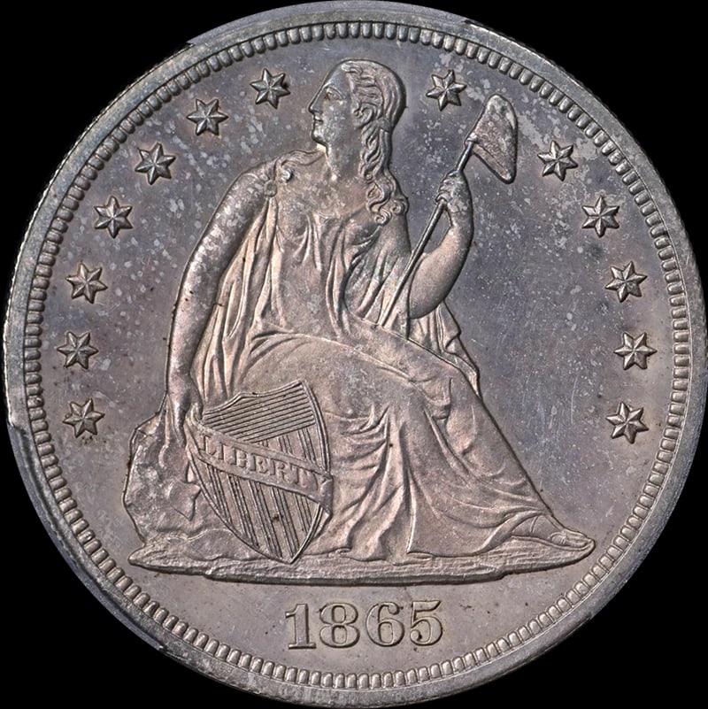 1865 SEATED LIBERTY DOLLAR: 1865 Seated Liberty Dollar Year: 1865 Fineness: 0.9 Composition: Silver Denomination: None Country of Origin: United States Accessories: None Accessories Notice: When purchasing pre-owned
